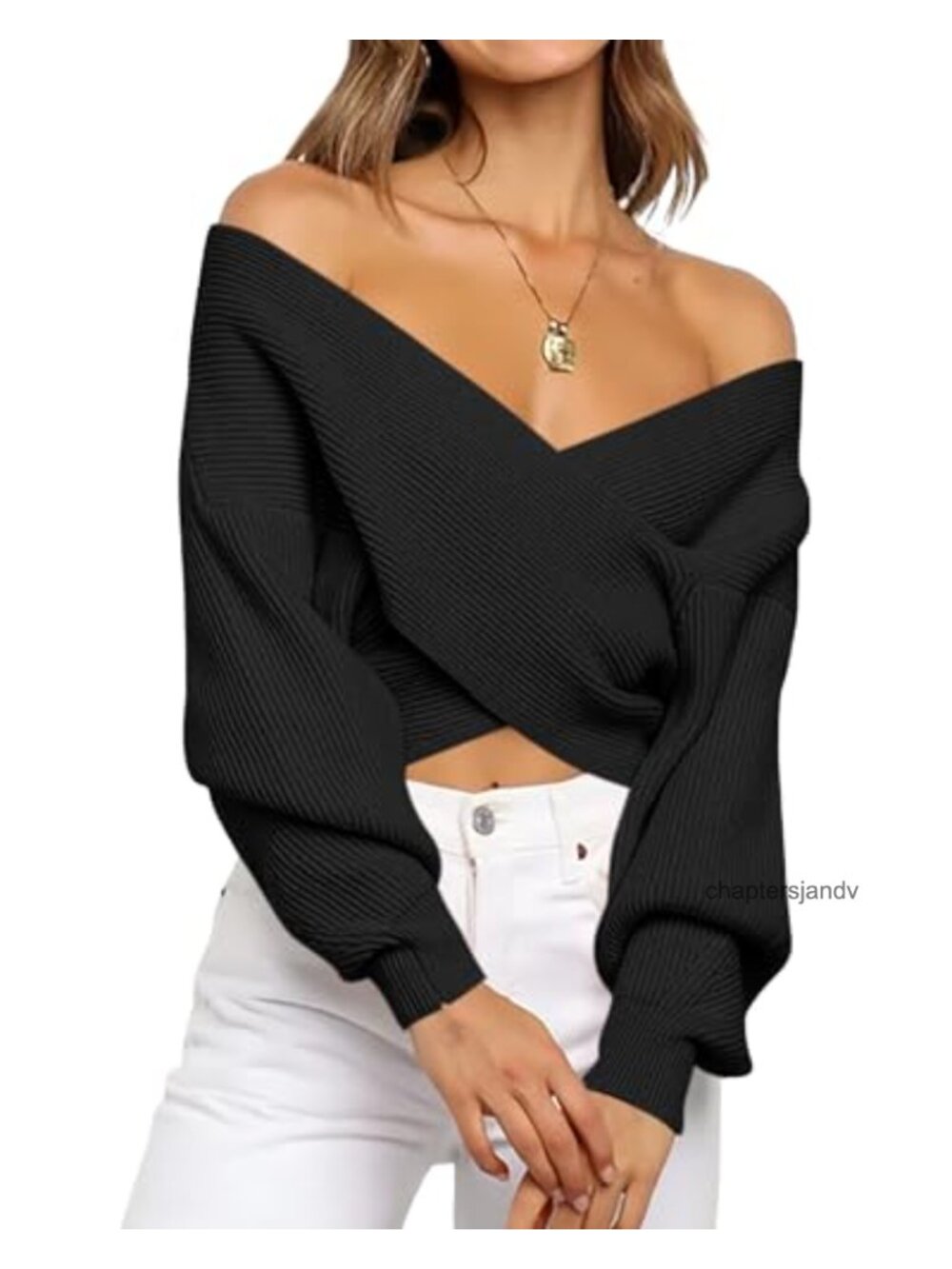 Off Shoulder Cropped Sweater Criss Cross Wrap V Neck Ribbed Knit Long Sleeve